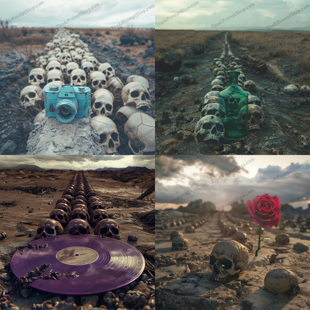 Skulls in Landscapes AI MidJourney Image Prompt, 9619 — A single image with an eerie post-apocalyptic landscape, featuring long lines of skulls mixed with… — cover image