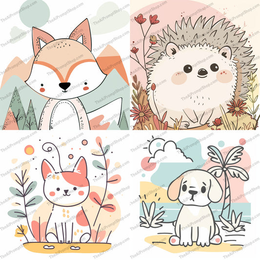 Cute Animal Illustrations AI MidJourney Image Prompt, 9627 Animals, midjourney, cute animals, cartoon animals, fox illustration, hedgehog illustration, cat illustration, puppy illustration, hand-drawn animals, pastel colors, children's decor, whimsical, playful, adorable animals, animal art, illustration, character design, kids art, cute fox, cute hedgehog, cute cat, cute puppy, Midjourney, Ai, Ai Image Prompt, Image Prompt, Prompt