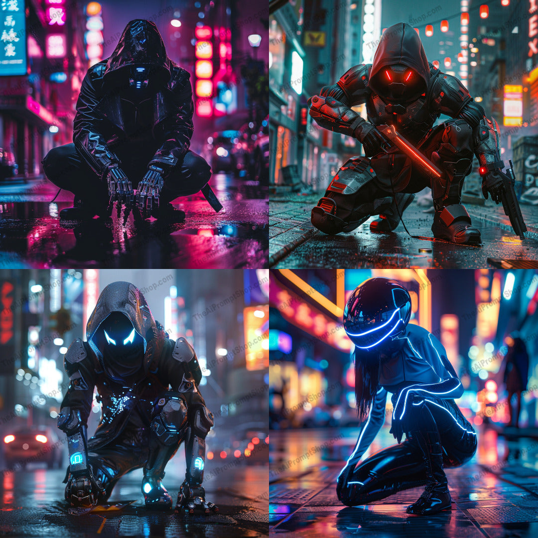 Futuristic Cyberpunk Warriors AI MidJourney Image Prompt, 9255 Futuristic, midjourney, cyberpunk, futuristic, warrior, neon, urban, technology, LED lights, armor, mystery, hooded figure, sci-fi, night scene, dystopian, robotic, street, glow, advanced, techwear, cybernetic, helmet, Midjourney, Ai, Ai Image Prompt, Image Prompt, Prompt