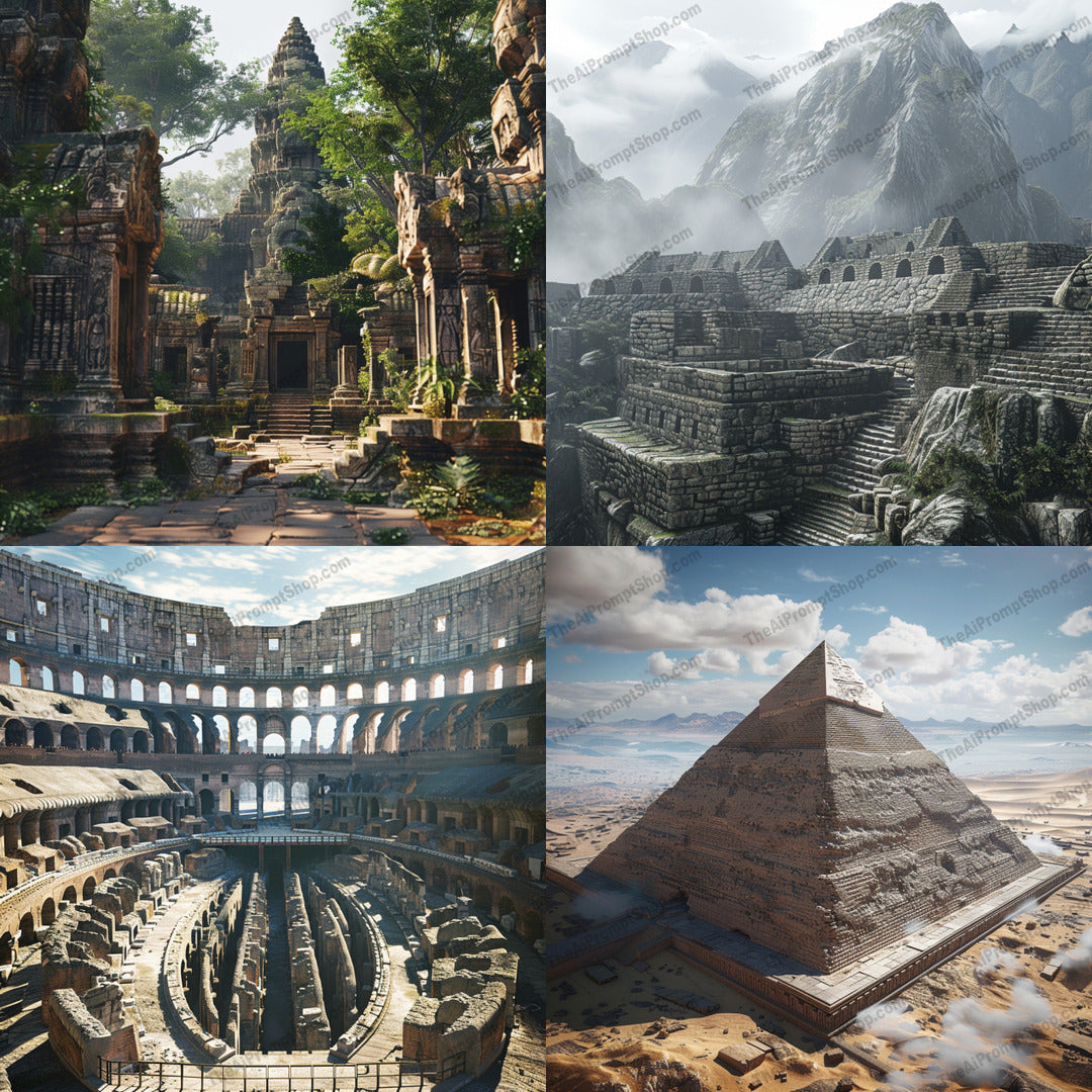 Ancient Wonders in 3D AI MidJourney Image Prompt, 9137 Landscapes & Paintings, midjourney, Ancient, 3D rendering, Architectural, Historical, Temple, Inca, Machu Picchu, Colosseum, Pyramid, Ruins, Monument, Civilization, Realistic, Textures, Lighting, Archaeology, Wonder, Landscape, Historical site, Famous landmarks, Midjourney, Ai, Ai Image Prompt, Image Prompt, Prompt