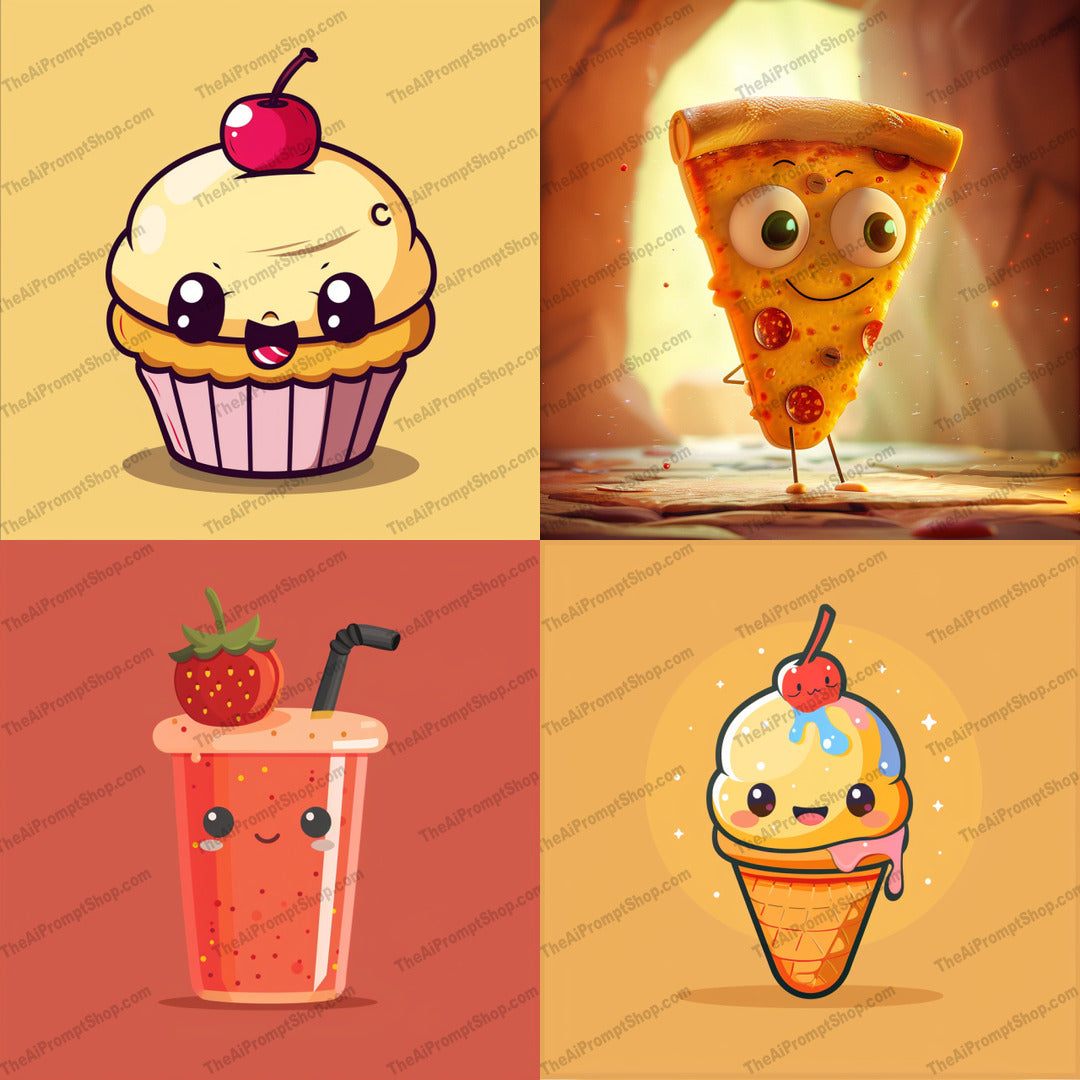 Cute Food Characters AI MidJourney Image Prompt, 9271 Food, midjourney, cute, food, characters, adorable, anthropomorphized, whimsical, playful, charming, cupcake, pizza, smoothie, ice cream, smiling, cheerful, fun, cartoon, illustration, dessert, snack, happy, Midjourney, Ai, Ai Image Prompt, Image Prompt, Prompt