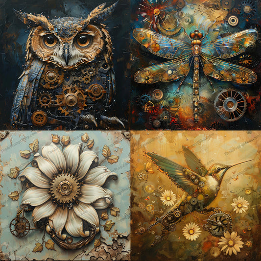 Steampunk Animal and Floral Artwork AI MidJourney Image Prompt, 9506 Fantasy, midjourney, steampunk, owl, dragonfly, flower, hummingbird, mechanical, intricate, artwork, fantasy, nature, gears, cogs, vintage, retro, detailed, whimsical, steampunk art, machine, rustic, natural forms, Midjourney, Ai, Ai Image Prompt, Image Prompt, Prompt