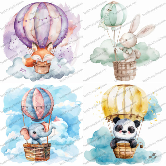 Cute Animals Flying in Hot Air Balloons AI MidJourney Image Prompt, 9438 Storybook Illustrations, midjourney, cute, animals, hot air balloons, fox, rabbit, elephant, panda, watercolor, whimsical, adorable, flying, clouds, dreamy, gentle, soft colors, pastel, illustration, sky, children, nursery, fantasy, Midjourney, Ai, Ai Image Prompt, Image Prompt, Prompt