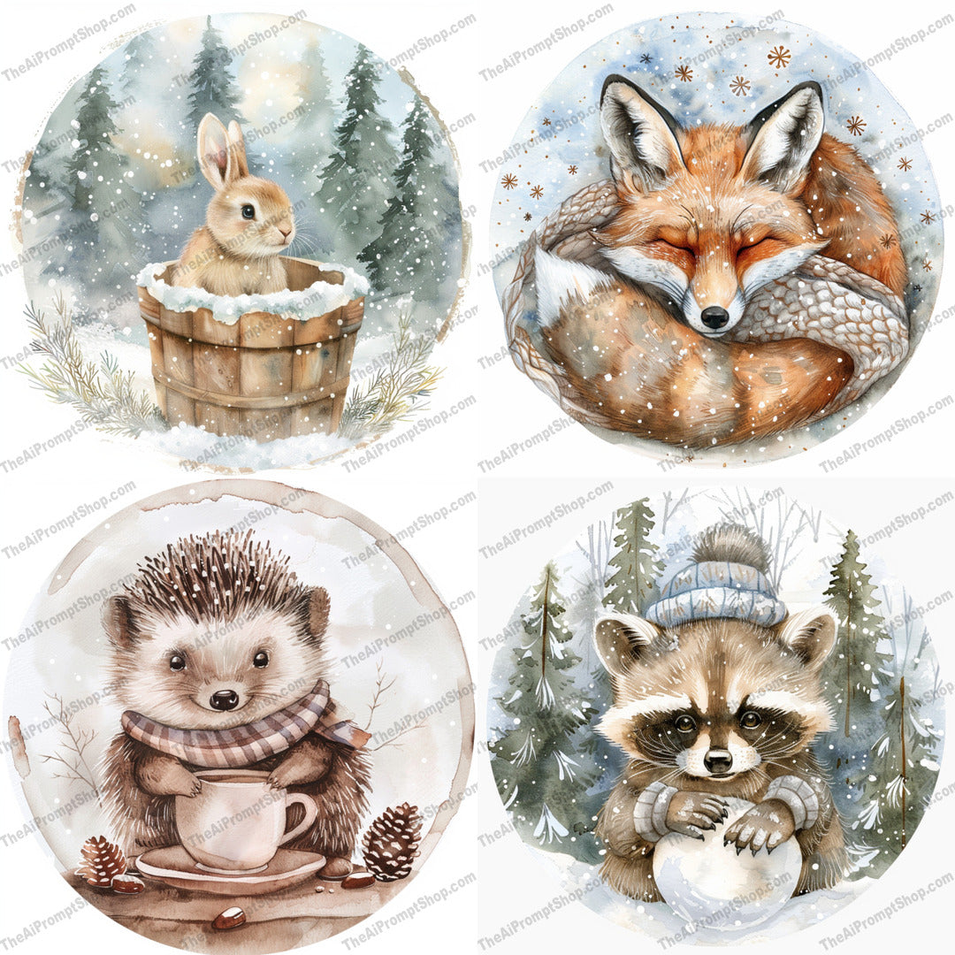 Woodland Winter Animals AI MidJourney Image Prompt, 9067 Animals, midjourney, woodland, winter, animals, rabbit, fox, hedgehog, raccoon, snow, forest, nature, illustration, watercolor, art, cozy, serene, detailed, warm, soft, snowy landscape, peaceful, Midjourney, Ai, Ai Image Prompt, Image Prompt, Prompt