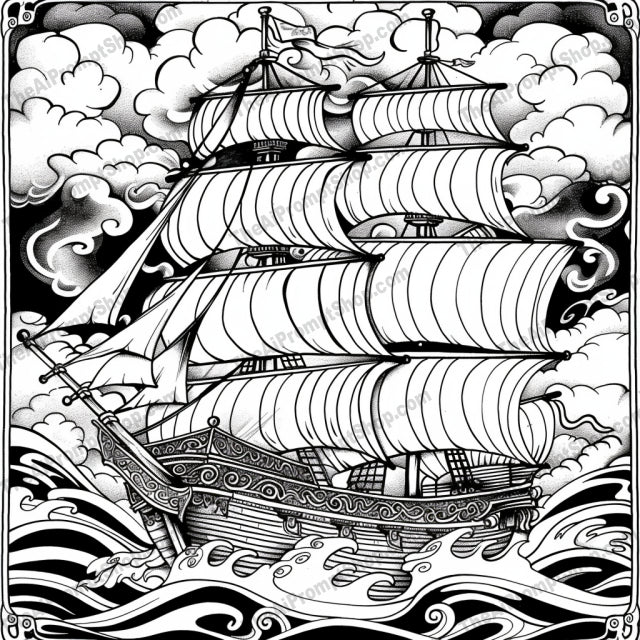 Black and White Pirate Ship AI MidJourney Image Prompt, 8673 Logos, midjourney, pirate ship, black and white, detailed illustration, tattoo style, nautical theme, sailing, sea, waves, adventure, retro art, high contrast, vintage, intricate line work, ocean, marine, epic, classic ship, artistic, stormy seas, traditional art, Midjourney, Ai, Ai Image Prompt, Image Prompt, Prompt