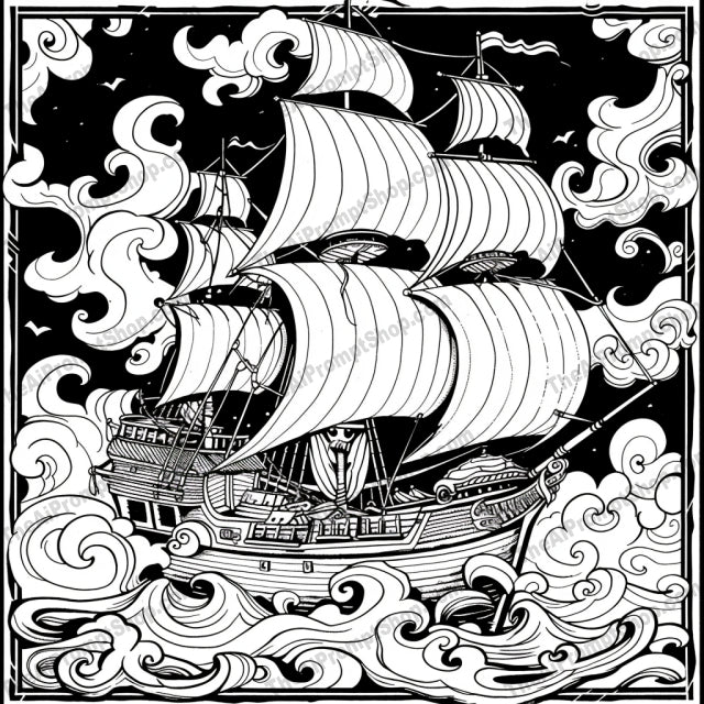 Black and White Pirate Ship AI MidJourney Image Prompt, 8673 Logos, midjourney, pirate ship, black and white, detailed illustration, tattoo style, nautical theme, sailing, sea, waves, adventure, retro art, high contrast, vintage, intricate line work, ocean, marine, epic, classic ship, artistic, stormy seas, traditional art, Midjourney, Ai, Ai Image Prompt, Image Prompt, Prompt