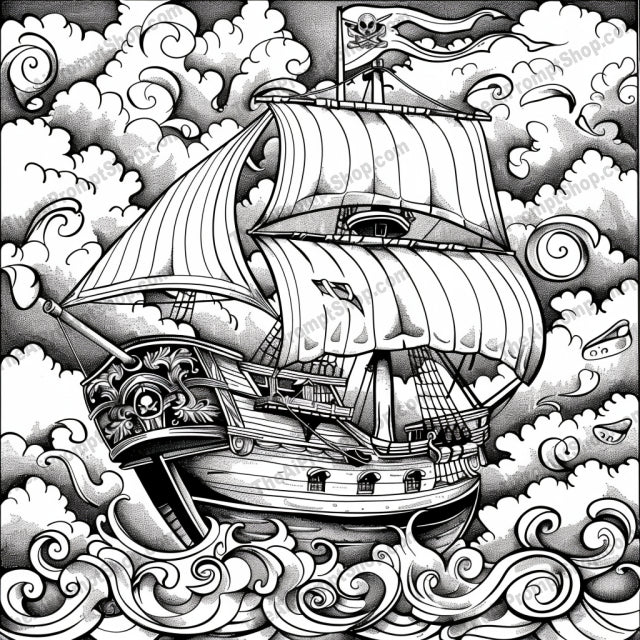 Black and White Pirate Ship AI MidJourney Image Prompt, 8673 Logos, midjourney, pirate ship, black and white, detailed illustration, tattoo style, nautical theme, sailing, sea, waves, adventure, retro art, high contrast, vintage, intricate line work, ocean, marine, epic, classic ship, artistic, stormy seas, traditional art, Midjourney, Ai, Ai Image Prompt, Image Prompt, Prompt