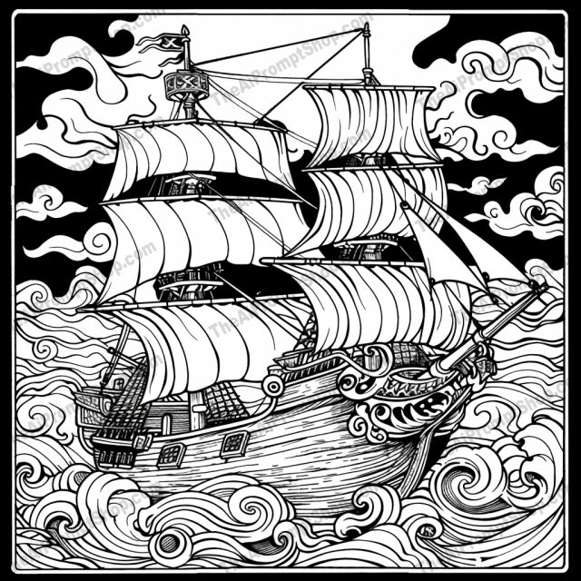 Black and White Pirate Ship AI MidJourney Image Prompt, 8673 Logos, midjourney, pirate ship, black and white, detailed illustration, tattoo style, nautical theme, sailing, sea, waves, adventure, retro art, high contrast, vintage, intricate line work, ocean, marine, epic, classic ship, artistic, stormy seas, traditional art, Midjourney, Ai, Ai Image Prompt, Image Prompt, Prompt