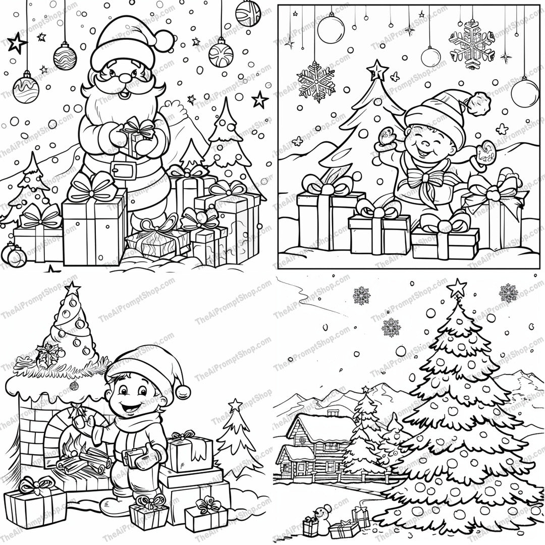 Festive Holiday Coloring Page AI MidJourney Image Prompt, 8615activity, Ai, Ai Image Prompt, celebration, Christmas, Christmas tree, coloring, coloring page, Coloring Pages, festive, fun, gifts, holiday, holiday season, Image Prompt, joyful, kids, midjourney, New Year, outline, presents, Prompt, Santa Claus, snow, whimsical, winter