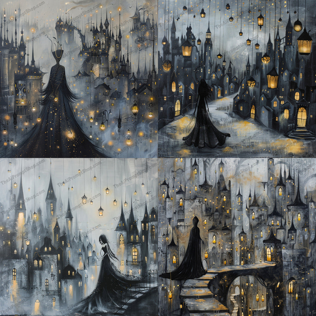 Mysterious Lantern-Lit City AI MidJourney Image Prompt, 8928 Animation & Cartoons, midjourney, mysterious, lanterns, cityscape, fantasy, dark, night, castle, silhouette, cloaked figure, floating lights, enchanting, mesmerizing, pathways, fantasy city, magical, nighttime, whimsical, dreamlike, gothic, moody, Midjourney, Ai, Ai Image Prompt, Image Prompt, Prompt