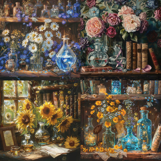 Ethereal Floral Potion Lab AI MidJourney Image Prompt, 9657 Fantasy, midjourney, ethereal, floral, potion, lab, magic, whimsical, enchanting, flowers, daisies, roses, sunflowers, vintage, books, mystical, lights, glass, bottles, fantasy, botanical, charming, Midjourney, Ai, Ai Image Prompt, Image Prompt, Prompt