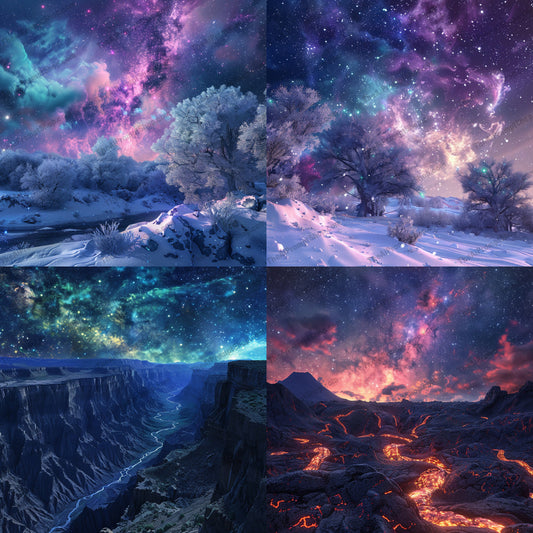 Cosmic Nightscapes AI MidJourney Image Prompt, 8748 Landscapes & Paintings, midjourney, cosmic, nightscapes, starry sky, snowy terrain, winter trees, deep canyon, flowing lava, vibrant sky, mesmerizing hues, environmental elements, nature, landscapes, digital art, scenic, galaxy, space, night, beautiful, fantasy, surreal, Midjourney, Ai, Ai Image Prompt, Image Prompt, Prompt