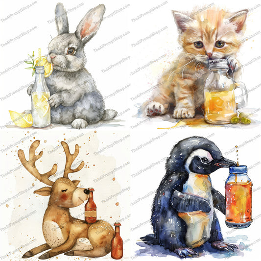 Cute Animals with Bottled Drinks AI MidJourney Image Prompt, 9480 Animals, midjourney, cute animals, bottle drinks, watercolor, illustration, whimsical, charming, rabbit, kitten, reindeer, penguin, light-hearted, endearing, playful, fun, art, decorative, animal art, painting, drink theme, adorable, Midjourney, Ai, Ai Image Prompt, Image Prompt, Prompt