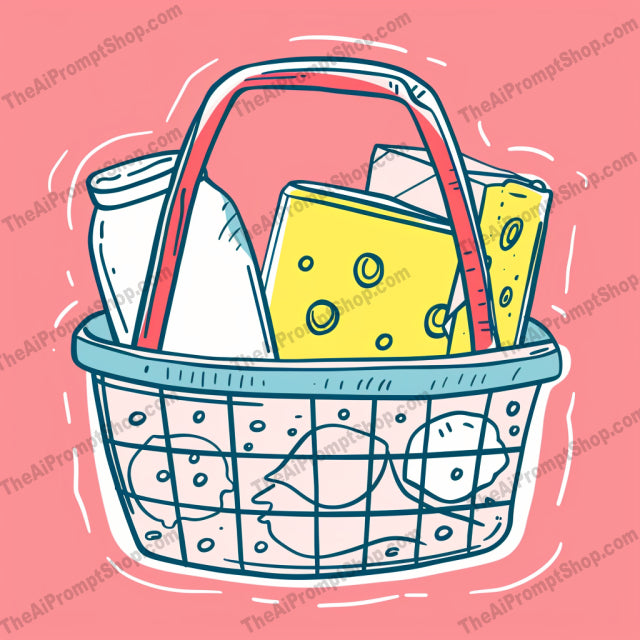 Hand-drawn Grocery Basket AI MidJourney Image Prompt, 9036 Food, midjourney, hand-drawn, illustration, grocery basket, food items, colorful, cheerful, whimsical, artistic, culinary, vibrant colors, fresh, appealing, food illustration, basket of food, playful, art style, grocery shopping, market basket, food art, food collage, Midjourney, Ai, Ai Image Prompt, Image Prompt, Prompt