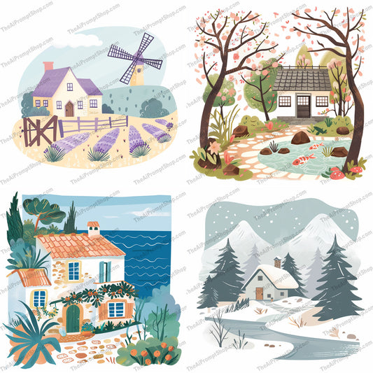 Scenic Landscape Illustrations AI MidJourney Image Prompt, 9037 Landscapes & Paintings, midjourney, landscape, illustration, whimsical, scenic, pastel colors, serene, picturesque, nature, countryside, cottage, winter, autumn, windmill, Japanese garden, mediterranean, mountains, trees, flowers, soft colors, charming, Midjourney, Ai, Ai Image Prompt, Image Prompt, Prompt