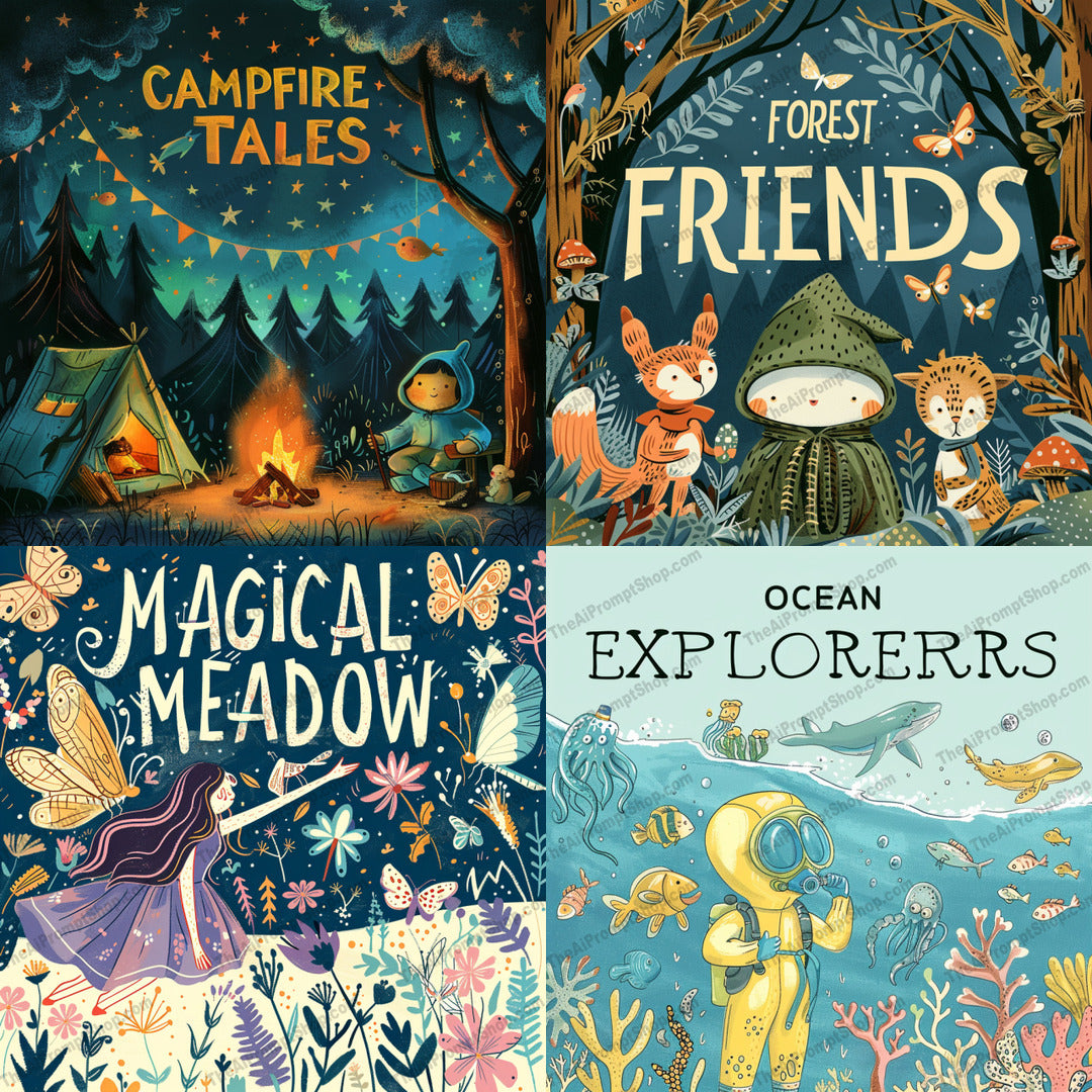 Enchanting Storybook Illustrations AI MidJourney Image Prompt, 8883 Animation & Cartoons, midjourney, storybook, illustration, whimsical, magical, fantasy, enchanting, forest, campfire, friends, ocean, explorers, meadow, fairy, adventure, dreamy, characters, children, tales, imagination, wonder, Midjourney, Ai, Ai Image Prompt, Image Prompt, Prompt