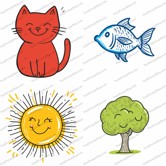 Happy Nature Characters AI MidJourney Image Prompt, 9625 Stickers, midjourney, happy, cat, smiling, sun, cheerful, fish, content, tree, nature, charming, illustration, joyful, whimsical, creative, art, design, cute, adorable, friendly, bright, Midjourney, Ai, Ai Image Prompt, Image Prompt, Prompt