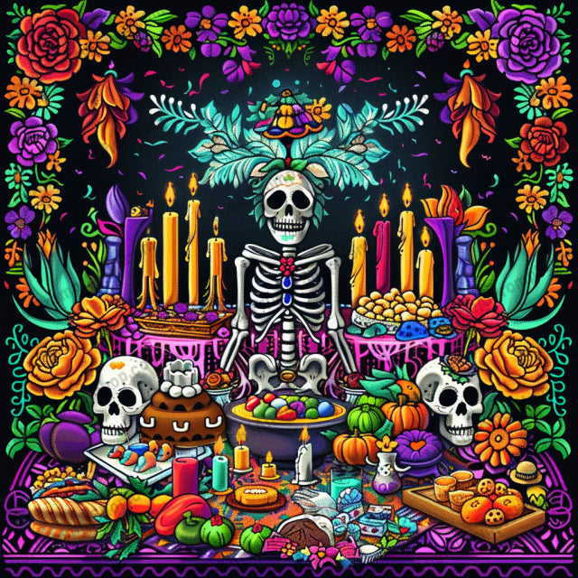 Day of the Dead Skeletons AI MidJourney Image Prompt, 9075 Holidays, midjourney, Day of the Dead, skeletons, celebration, floral, vibrant, colorful, traditional, festival, Mexican culture, decorative, candles, guitar, moonlight, festive, intricate, detailed, art, skull, sombrero, lanterns, Midjourney, Ai, Ai Image Prompt, Image Prompt, Prompt