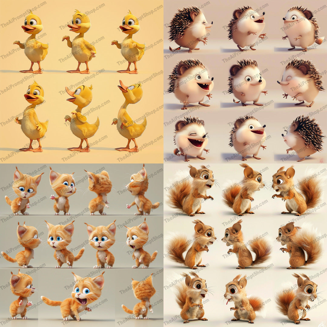 Cute Animal Characters AI MidJourney Image Prompt, 8933 Animals, midjourney, cute, animals, 3D, characters, whimsical, playful, bright, expressions, illustration, design, fun, detailed, textures, adorable, creative, animation, cartoonish, vivid, lighthearted, projects, Midjourney, Ai, Ai Image Prompt, Image Prompt, Prompt