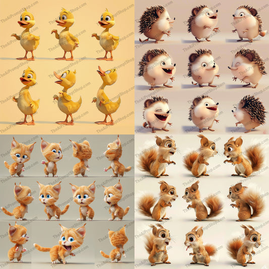 Cute Animal Characters AI MidJourney Image Prompt, 8933 Animals, midjourney, cute, animals, 3D, characters, whimsical, playful, bright, expressions, illustration, design, fun, detailed, textures, adorable, creative, animation, cartoonish, vivid, lighthearted, projects, Midjourney, Ai, Ai Image Prompt, Image Prompt, Prompt