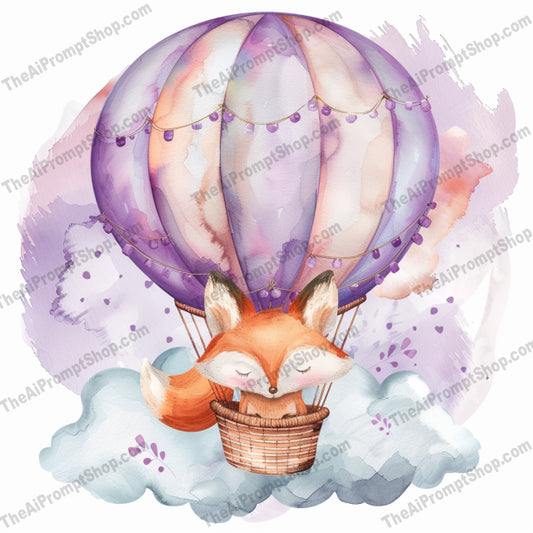 Cute Animals Flying in Hot Air Balloons AI MidJourney Image Prompt, 9438 Storybook Illustrations, midjourney, cute, animals, hot air balloons, fox, rabbit, elephant, panda, watercolor, whimsical, adorable, flying, clouds, dreamy, gentle, soft colors, pastel, illustration, sky, children, nursery, fantasy, Midjourney, Ai, Ai Image Prompt, Image Prompt, Prompt