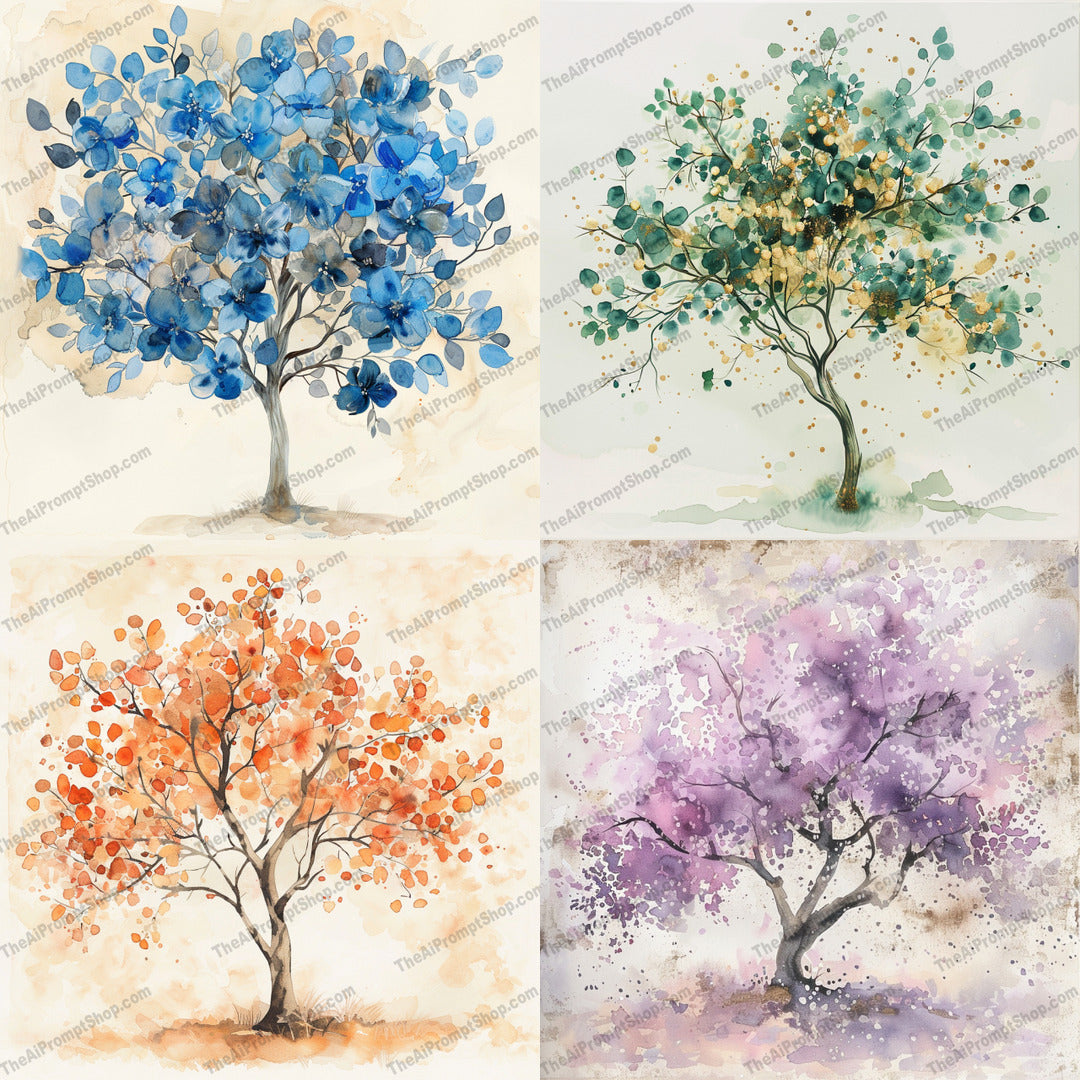 Seasonal Watercolor Trees AI MidJourney Image Prompt, 9056 Landscapes & Paintings, midjourney, watercolor, tree, seasonal, art, painting, spring, summer, fall, winter, colorful, nature, botanical, landscape, decor, foliage, artistic, vibrant, aesthetic, hand-painted, fine art, Midjourney, Ai, Ai Image Prompt, Image Prompt, Prompt