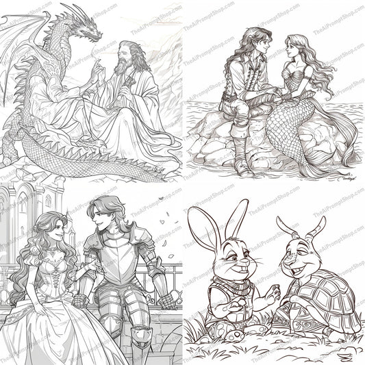 Storybook Fantasy Illustration AI MidJourney Image Prompt, 9478 Storybook Illustrations, midjourney, storybook, fantasy, illustration, dragon, mermaid, knight, talking animals, fairy tale, black and white, detailed, magical, enchanting, whimsical, artwork, ink drawing, adventure, mythical creatures, imaginative, children's book, literature, romantic, Midjourney, Ai, Ai Image Prompt, Image Prompt, Prompt