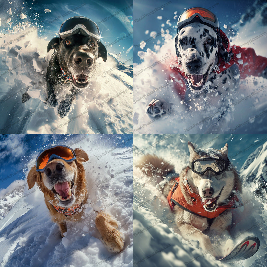 Snow Dogs in Action AI MidJourney Image Prompt, 9242 Animals, midjourney, dog, snow, winter sports, action, adventure, mountains, skiing, goggles, slope, dynamic, thrill, nature, outdoors, cold, fun, energy, speed, motion, happy, playful, Midjourney, Ai, Ai Image Prompt, Image Prompt, Prompt