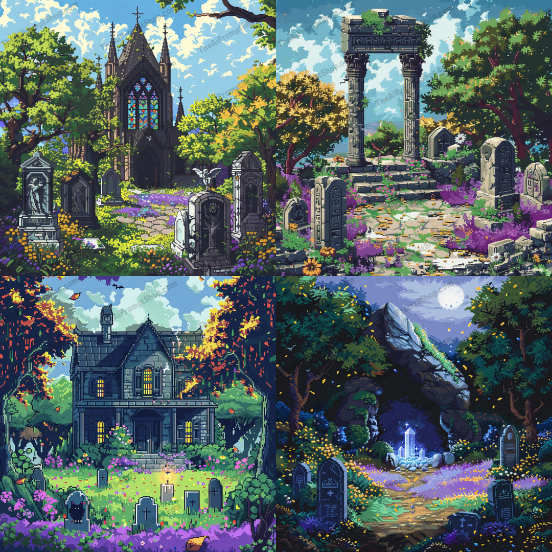 Pixel Art Cemetery Scene AI MidJourney Image Prompt, 8932 Animation & Cartoons, midjourney, pixel art, cemetery, haunting, serene, ancient gravestones, lush greenery, old architecture, mysterious, ethereal, tranquil, flowers, nature, night scene, gothic, fantasy, vintage, abandoned, moody, spooky, graveyard, Midjourney, Ai, Ai Image Prompt, Image Prompt, Prompt