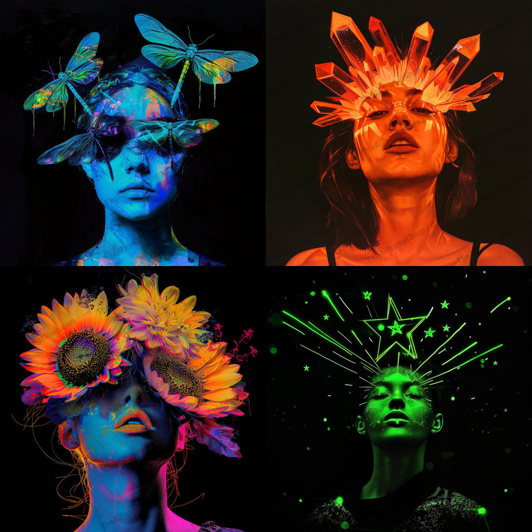 Neon Artistic Portraits AI MidJourney Image Prompt, 9624 — A striking digital portrait that combines vibrant neon colors with surreal elements to create an… — cover image