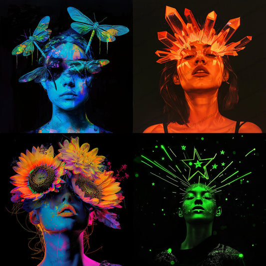 Neon artistic portraits created from an AI image prompt.