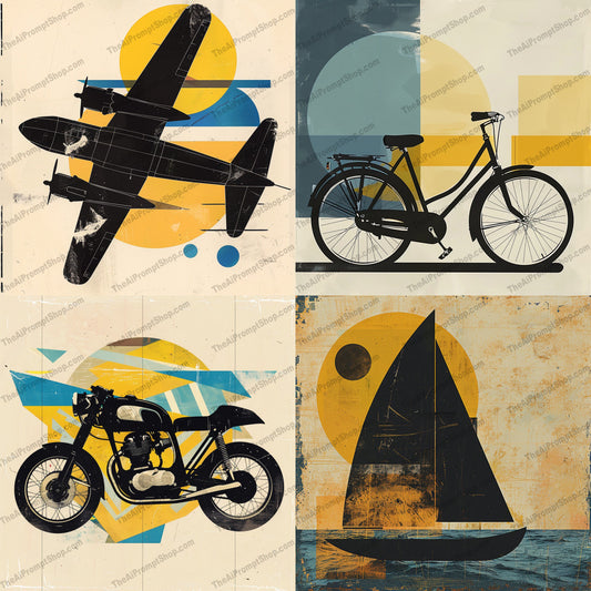 Vintage Transportation Silhouettes AI MidJourney Image Prompt, 8946 Mockups - Products, midjourney, vintage, transportation, silhouette, airplane, bicycle, motorcycle, sailboat, retro, distressed, geometric, art, design, classic, nostalgic, modern, illustration, graphic, vehicle, travel, minimalist, Midjourney, Ai, Ai Image Prompt, Image Prompt, Prompt