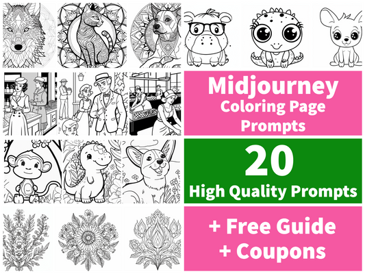 Midjourney AI Prompts for Coloring Book - 20 Prompts Pack