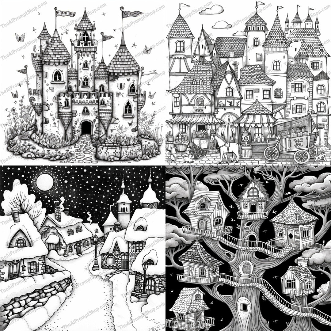 Whimsical Fairy Tale Scene AI MidJourney Image Prompt, 8968 Storybook Illustrations, midjourney, fairy tale, whimsical, castle, village, market, treehouse, fantasy, black and white, detailed illustration, imaginative, enchantment, storybook, charming, magical, quaint houses, artwork, fairy tale scene, fantasy art, illustration, intricate details, Midjourney, Ai, Ai Image Prompt, Image Prompt, Prompt