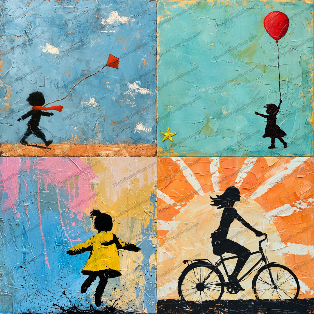 Joyful Childhood Silhouettes AI MidJourney Image Prompt, 8837 Landscapes & Paintings, midjourney, childhood, silhouette, joy, nostalgia, kite, balloon, play, bike, sunset, texture, colorful, vibrant, innocence, happy, energy, youth, playful, adventure, memories, dreamy, Midjourney, Ai, Ai Image Prompt, Image Prompt, Prompt