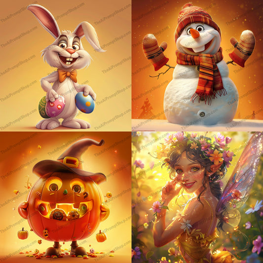 Festive Character Art AI MidJourney Image Prompt, 9472 Animation & Cartoons, midjourney, festive, character, art, whimsical, vibrant, illustration, dynamic poses, colorful backgrounds, joy, celebration, project, snowman, bunny, pumpkin, fairy, autumn, winter, summer, spring, seasons, Midjourney, Ai, Ai Image Prompt, Image Prompt, Prompt