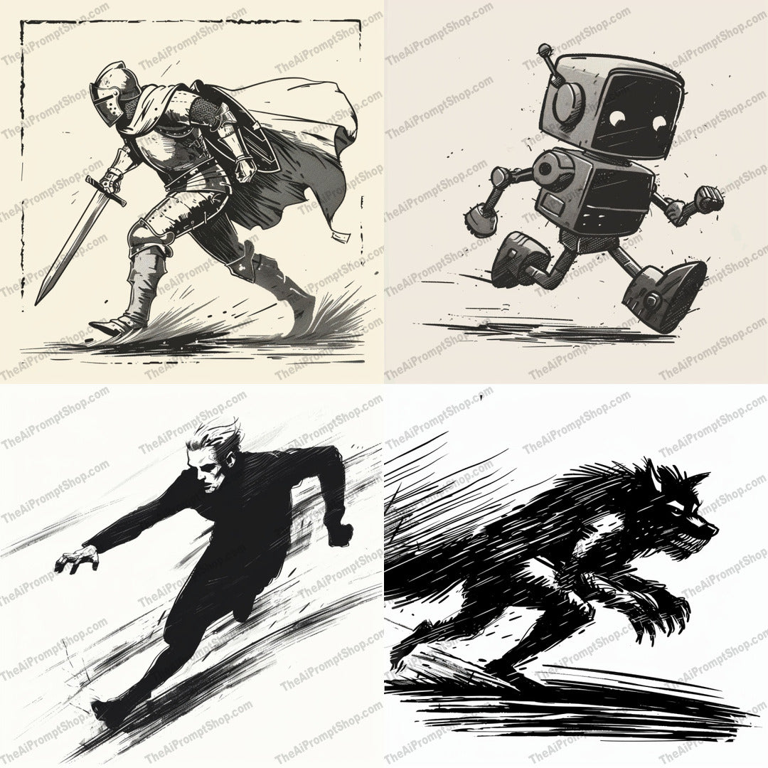 Dynamic Character Art AI MidJourney Image Prompt, 9198 Character Art, midjourney, illustration, character art, knight, robot, werewolf, running man, dynamic, action, motion, black and white, art, sketch, expressive, creative, design, ink drawing, comic style, adventure, heroic, fantasy, Midjourney, Ai, Ai Image Prompt, Image Prompt, Prompt