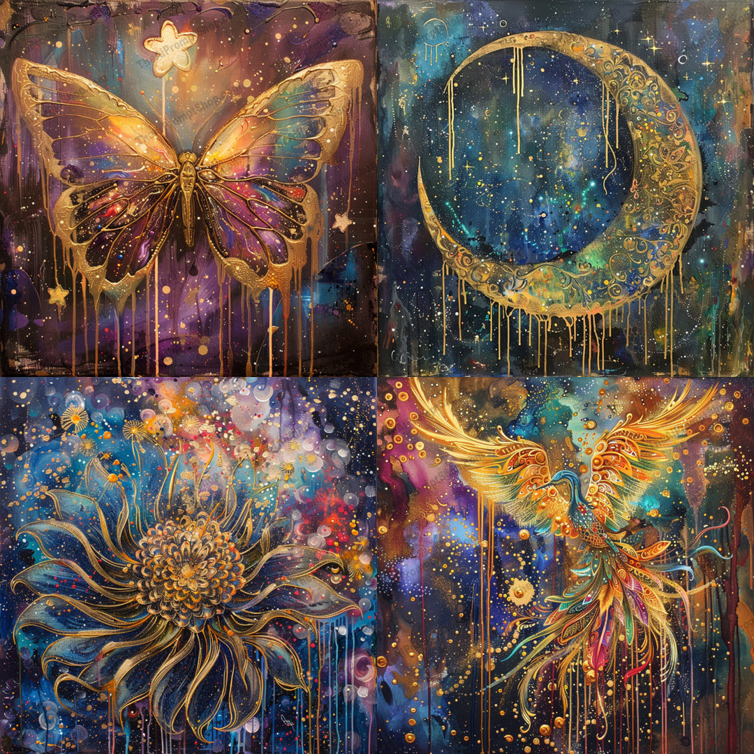 Celestial Dreams AI MidJourney Image Prompt, 9186 Landscapes & Paintings, midjourney, celestial, dreamy, ethereal, mystical, cosmic, butterfly, crescent moon, flower, phoenix, gold accents, star-filled, radiant, majestic, intricate, vibrant, shimmering, enchanting, golden, artistic, visual experience, Midjourney, Ai, Ai Image Prompt, Image Prompt, Prompt