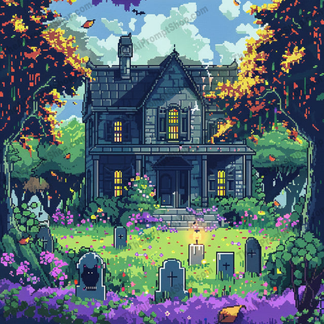 Pixel Art Cemetery Scene AI MidJourney Image Prompt, 8932 Animation & Cartoons, midjourney, pixel art, cemetery, haunting, serene, ancient gravestones, lush greenery, old architecture, mysterious, ethereal, tranquil, flowers, nature, night scene, gothic, fantasy, vintage, abandoned, moody, spooky, graveyard, Midjourney, Ai, Ai Image Prompt, Image Prompt, Prompt