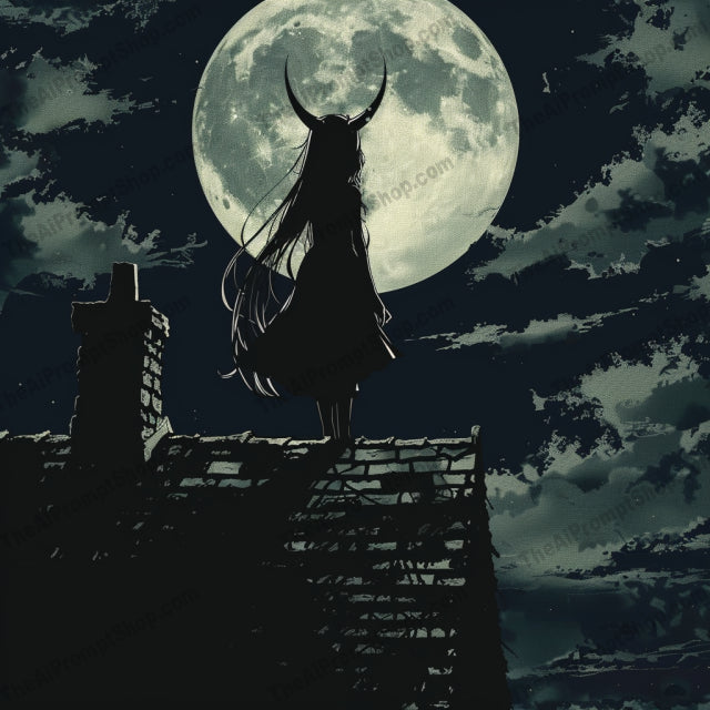 Moonlit Silhouette AI MidJourney Image Prompt, 8678 Landscapes & Paintings, midjourney, moonlit, silhouette, horned character, rooftop, full moon, dramatic lighting, ethereal, mystery, night sky, moody landscape, gothic, nocturnal, shadowy figure, dark art, illustration, anime style, lunar, celestial, elegant, serene, Midjourney, Ai, Ai Image Prompt, Image Prompt, Prompt