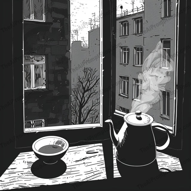 Vintage Window View Illustrations AI MidJourney Image Prompt, 9606 — A series of black and white illustrations highlighting vintage items and urban window views — product preview image 3