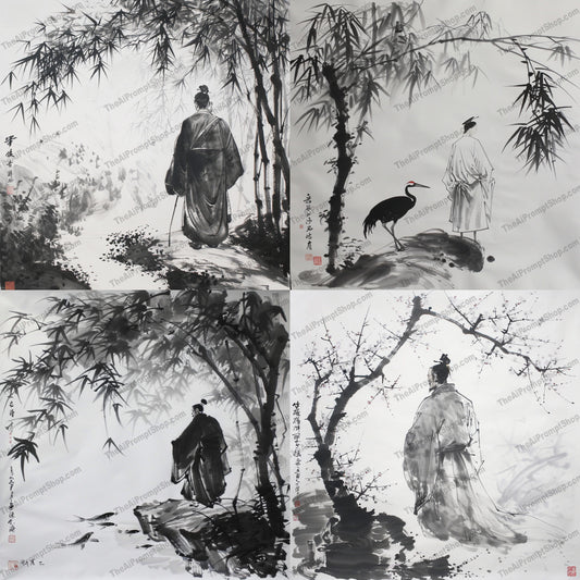 Elegant Zen Ink Art AI MidJourney Image Prompt, 8917 Isometrics & Icons, midjourney, zen, ink art, minimalist, solitary figure, serene landscapes, calmness, introspection, delicate brushwork, subtle contrasts, traditional, asian art, tranquility, peaceful, nature, monochrome, black and white, meditative, walking, bamboo, chinese painting, Midjourney, Ai, Ai Image Prompt, Image Prompt, Prompt