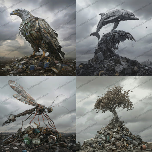 Recycled Art - Eagle, Dolphin, Dragonfly, Tree AI MidJourney Image Prompt, 9590 Animals, midjourney, recycled art, eagle art, dolphin art, dragonfly art, tree art, trash art, metal art, post-apocalyptic, wildlife art, creative recycling, environmental art, nature art, digital art, eco-friendly art, upcycled art, junk art, art from waste, sculpture art, industrial art, fantasy art, unique art, Midjourney, Ai, Ai Image Prompt, Image Prompt, Prompt