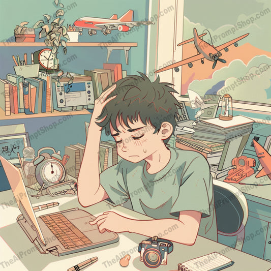 Whimsical Study Moments AI MidJourney Image Prompt, 9469 Anime, midjourney, whimsical, study, serene, characters, nostalgic, environment, mellow colors, tranquil, imaginative, desks, books, stationery, clock, interior, shelves, window, mountain view, desk setup, toys, reading, learning, Midjourney, Ai, Ai Image Prompt, Image Prompt, Prompt