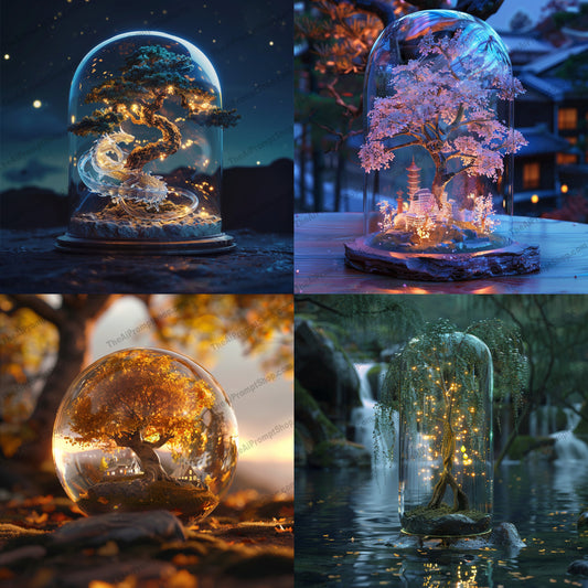 Enchanted Bonsai Tree Art AI MidJourney Image Prompt, 8894 Landscapes & Paintings, midjourney, bonsai, illuminated, glass dome, magical, whimsical, fantasy, serene, enchanted, tree art, glowing, tranquility, beautiful, miniature tree, ethereal, night scene, mystical, glowing tree, enchantment, nature, serenity, Midjourney, Ai, Ai Image Prompt, Image Prompt, Prompt
