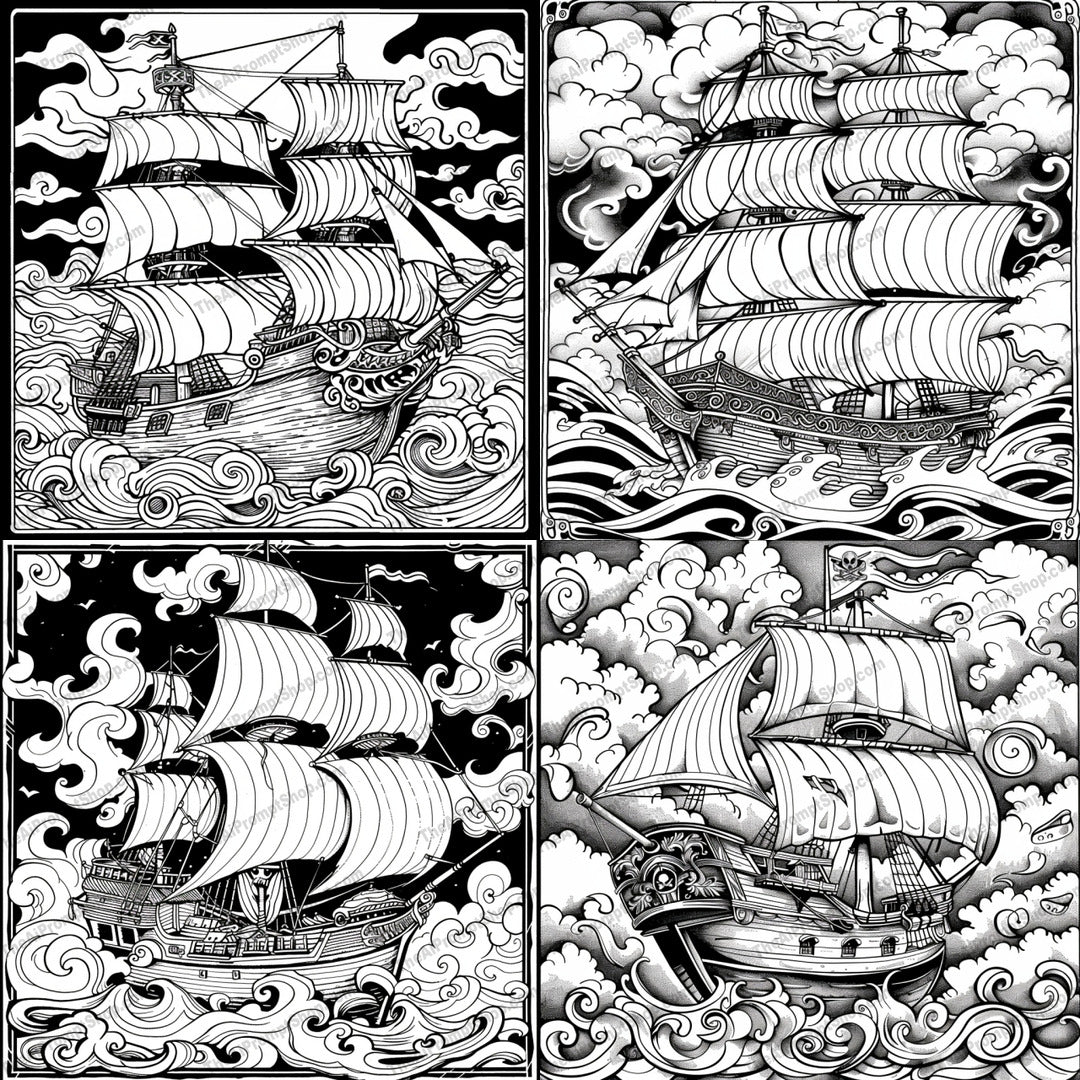 Black and White Pirate Ship AI MidJourney Image Prompt, 8673 Logos, midjourney, pirate ship, black and white, detailed illustration, tattoo style, nautical theme, sailing, sea, waves, adventure, retro art, high contrast, vintage, intricate line work, ocean, marine, epic, classic ship, artistic, stormy seas, traditional art, Midjourney, Ai, Ai Image Prompt, Image Prompt, Prompt