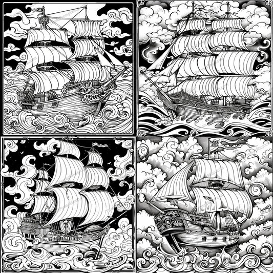 Black and White Pirate Ship AI MidJourney Image Prompt, 8673 Logos, midjourney, pirate ship, black and white, detailed illustration, tattoo style, nautical theme, sailing, sea, waves, adventure, retro art, high contrast, vintage, intricate line work, ocean, marine, epic, classic ship, artistic, stormy seas, traditional art, Midjourney, Ai, Ai Image Prompt, Image Prompt, Prompt