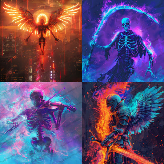 Futuristic Skeleton Art AI MidJourney Image Prompt, 8648Ai, Ai Image Prompt, art, bright, characters, cyberpunk, detail, digital, fantasy, Futuristic, futuristic fantasy, glowing, high-tech, Image Prompt, mesmerizing, midjourney, modern, neon, neon art, Prompt, sci-fi, sci-fi art, skeleton, skull, unique, vibrant