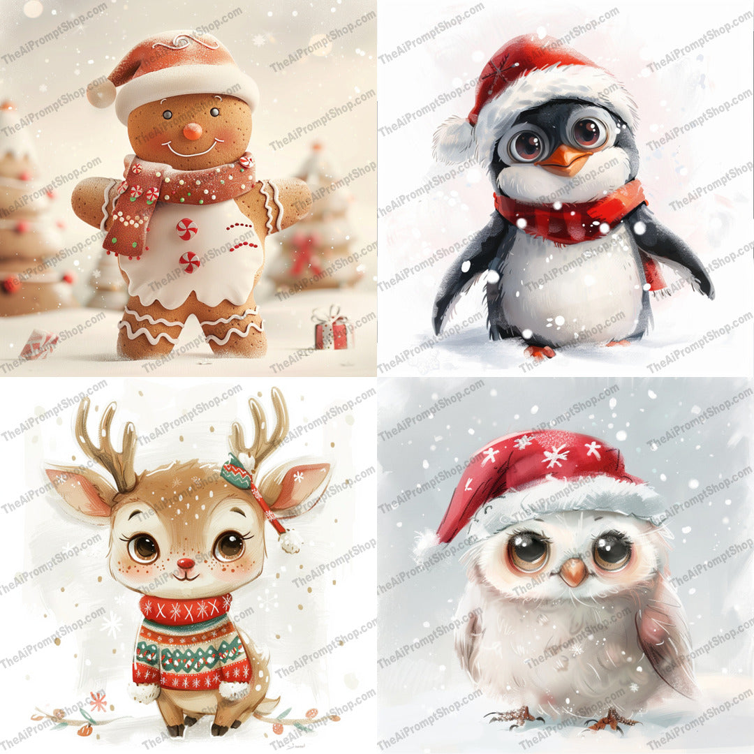 Cute Holiday Characters AI MidJourney Image Prompt, 8825 Animation & Cartoons, midjourney, holiday, Christmas, cute, festive, illustration, character, gingerbread, penguin, deer, snow, winter, holiday season, Christmas decoration, adorable, whimsical, cozy, holiday spirit, cartoon, art, Christmas card, Midjourney, Ai, Ai Image Prompt, Image Prompt, Prompt