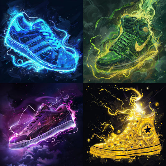 Glowing Sneakers Art AI MidJourney Image Prompt, 9464 Clothing, Fashion & Accessories, midjourney, sneakers, glowing, futuristic, modern art, neon lights, dynamic, fashion, footwear, graphic design, vibrant colors, energy, sneaker art, modern fashion, illuminated sneakers, artistic rendering, bright lights, stylized footwear, futuristic art, contemporary design, neon art, Midjourney, Ai, Ai Image Prompt, Image Prompt, Prompt